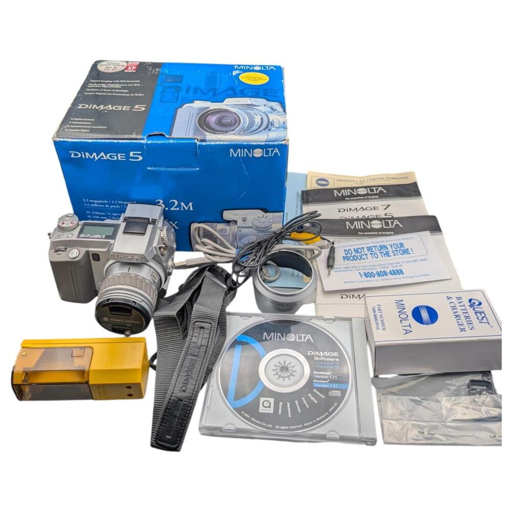 Vintage Minolta DiMAGE 5 Digital Camera 3.3MP 7x Zoom Box Manuals Charger TESTED